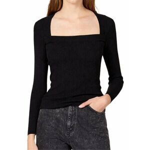 Sandro Top Womens 2 Medium Black Mola Square Neck Ribbed Knit Wool Sweater